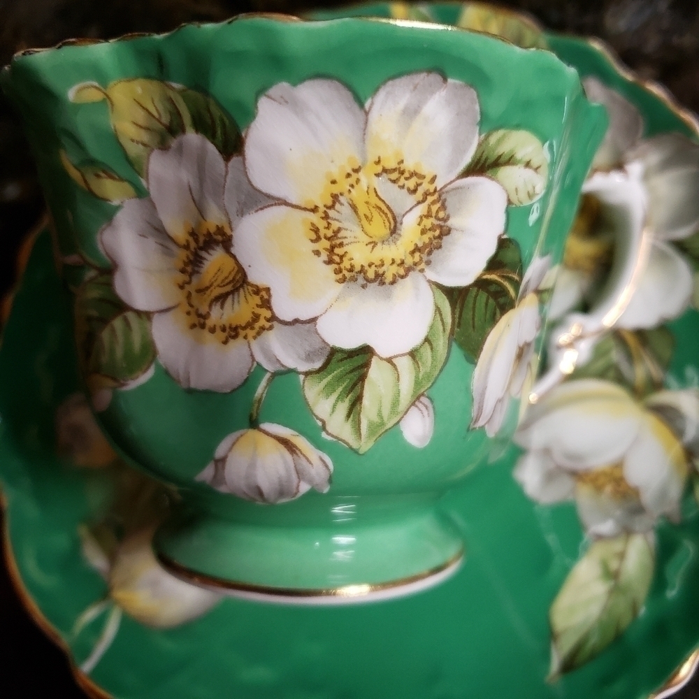 𝅺Aynsley Tea Cup Saucer Set Kelly Green White Flowers Apple Blossom England - Picture 9 of 10